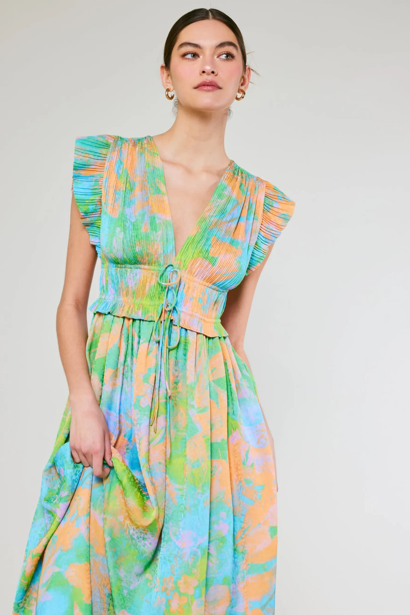 Current Air Mara Abstract Pleated Maxi Dress GREENORANGEMLT Sale