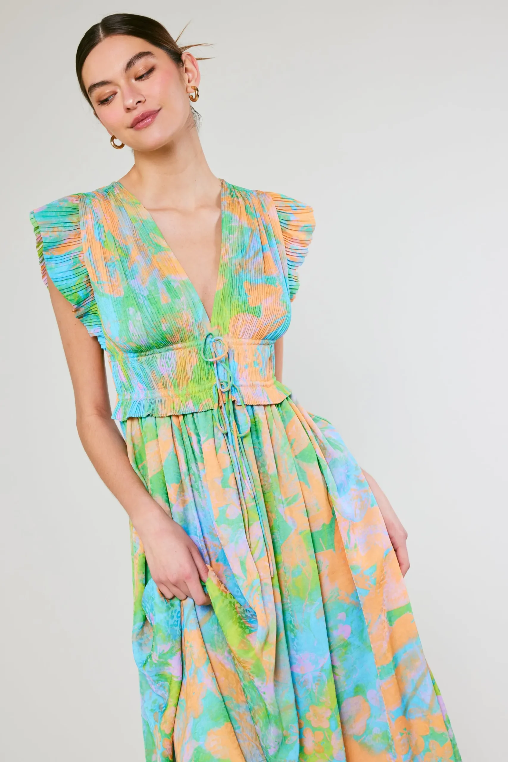 Current Air Mara Abstract Pleated Maxi Dress GREENORANGEMLT Sale
