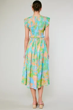 Current Air Mara Abstract Pleated Maxi Dress GREENORANGEMLT Sale