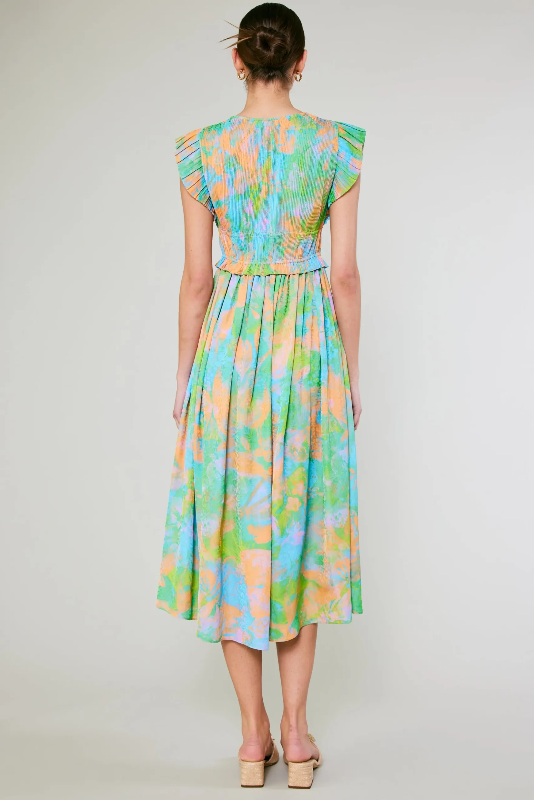 Current Air Mara Abstract Pleated Maxi Dress GREENORANGEMLT Sale