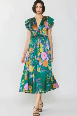 Current Air Mara Floral Pleated Midi Dress GREENFLORAL Outlet