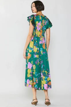 Current Air Mara Floral Pleated Midi Dress GREENFLORAL Outlet