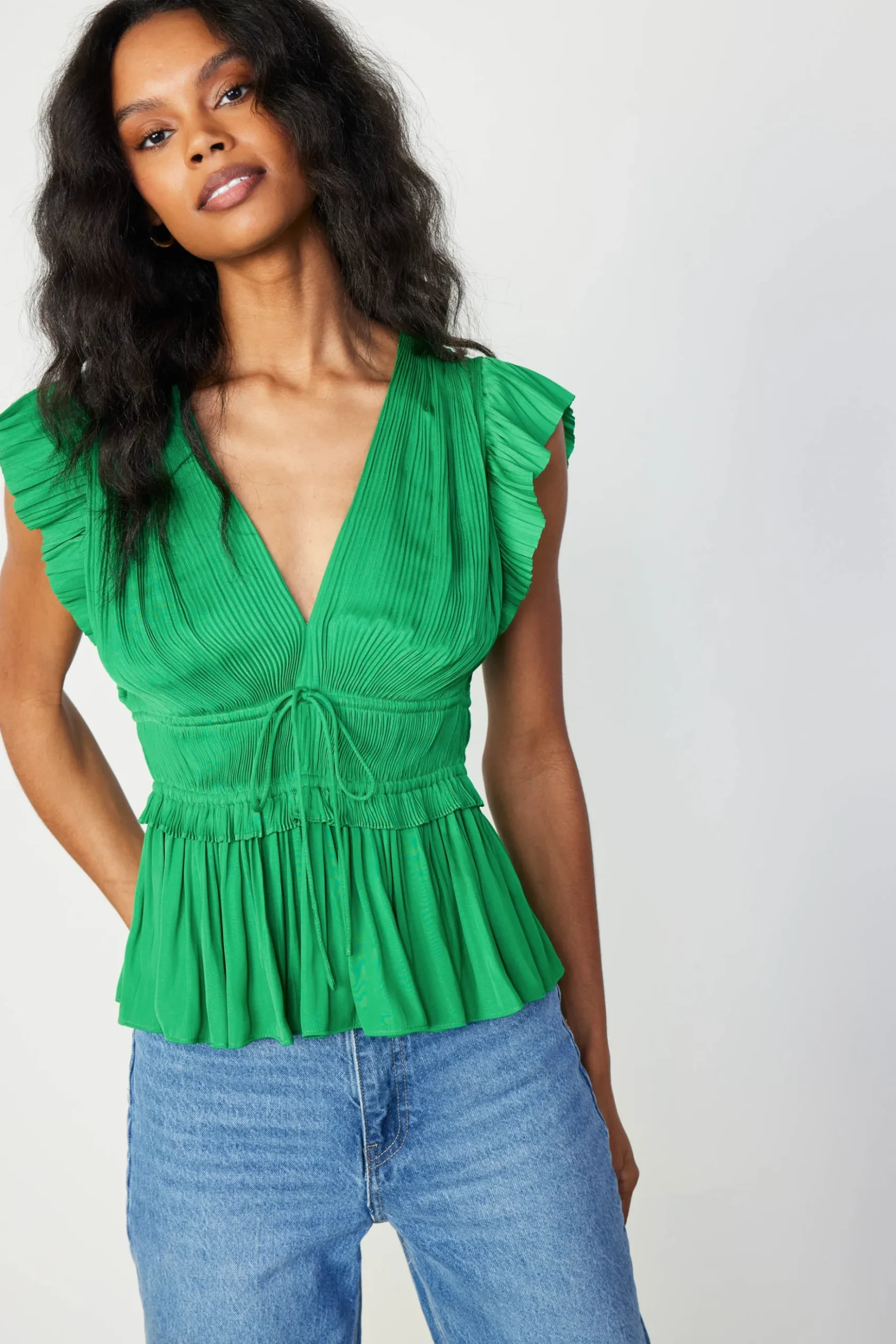 Current Air Mara Pleated Sleeveless Blouse DEEPSPRINGGREEN Discount