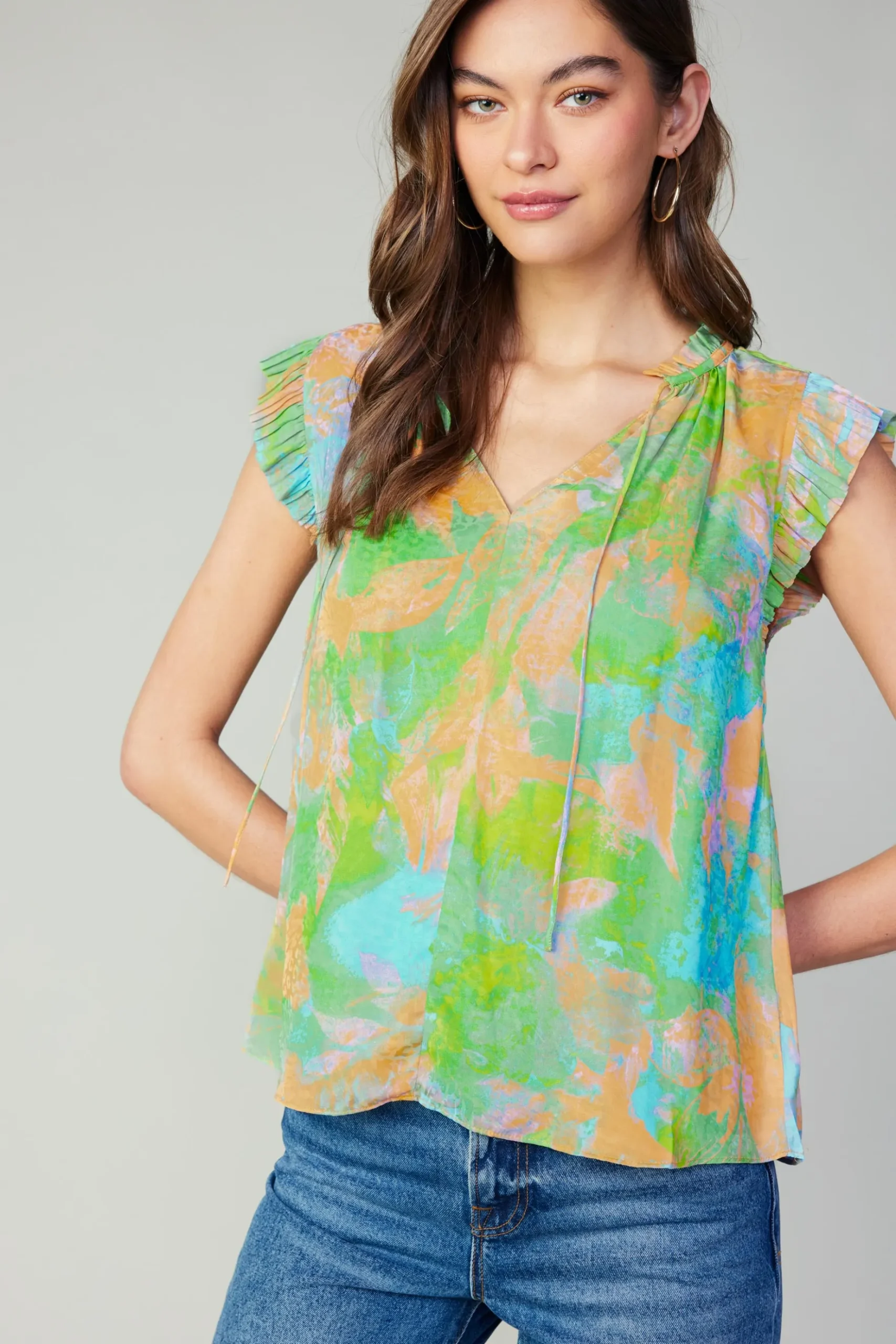 Current Air Margot Abstract Pleated Sleeve Blouse GREENORANGE New