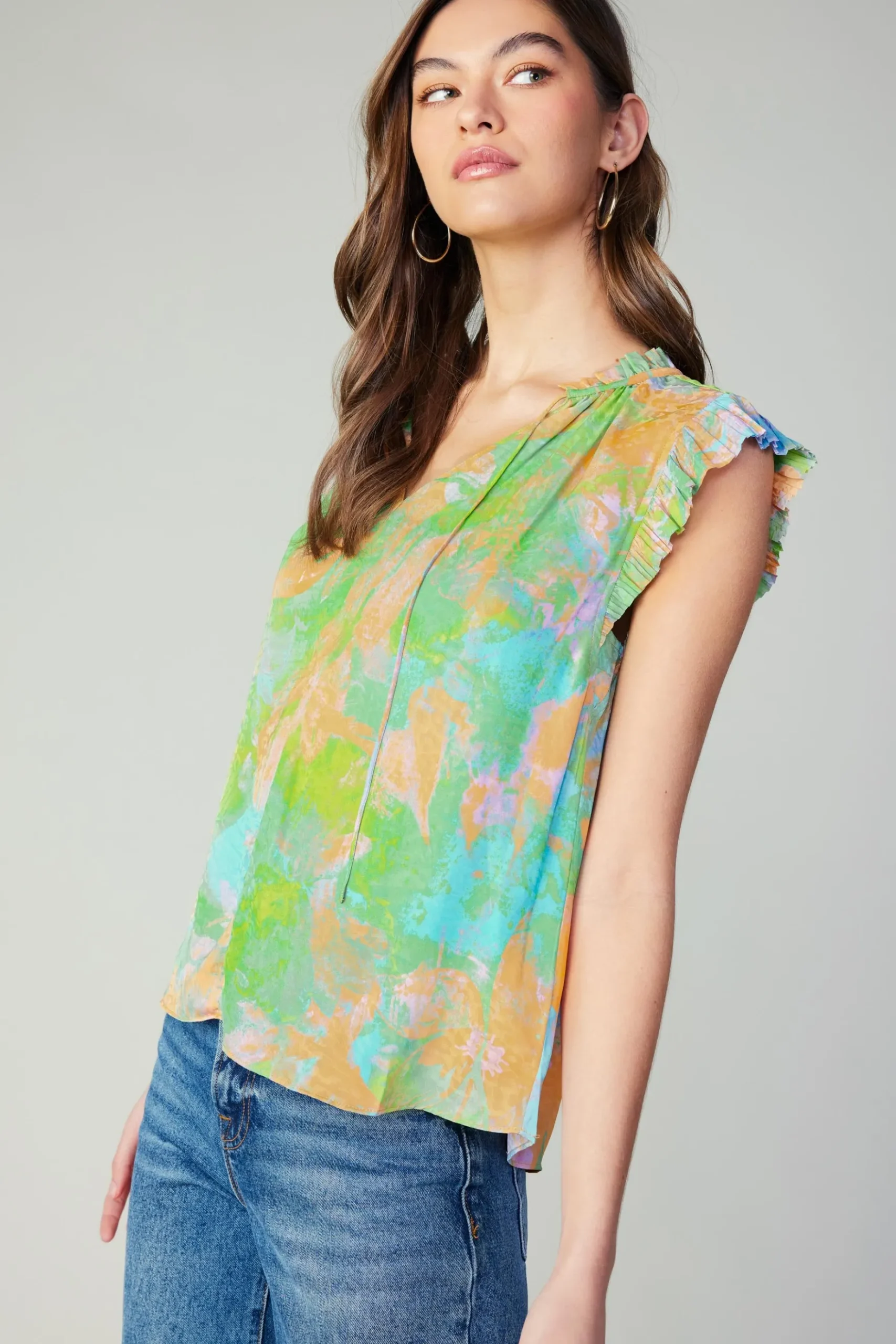 Current Air Margot Abstract Pleated Sleeve Blouse GREENORANGE New