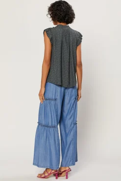 Current Air Margot Jacquard Pleated Sleeve Blouse DARKOLIVE Clearance