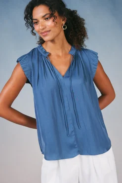 Current Air Margot Pleated Sleeve Blouse DARKDUSTYBLUE Clearance