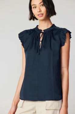 Current Air Margot Pleated Sleeve Blouse DARKNAVY New