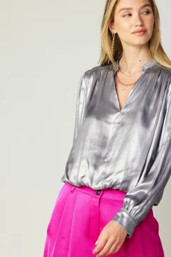Current Air Metallic Bubble Hem Blouse SILVER New