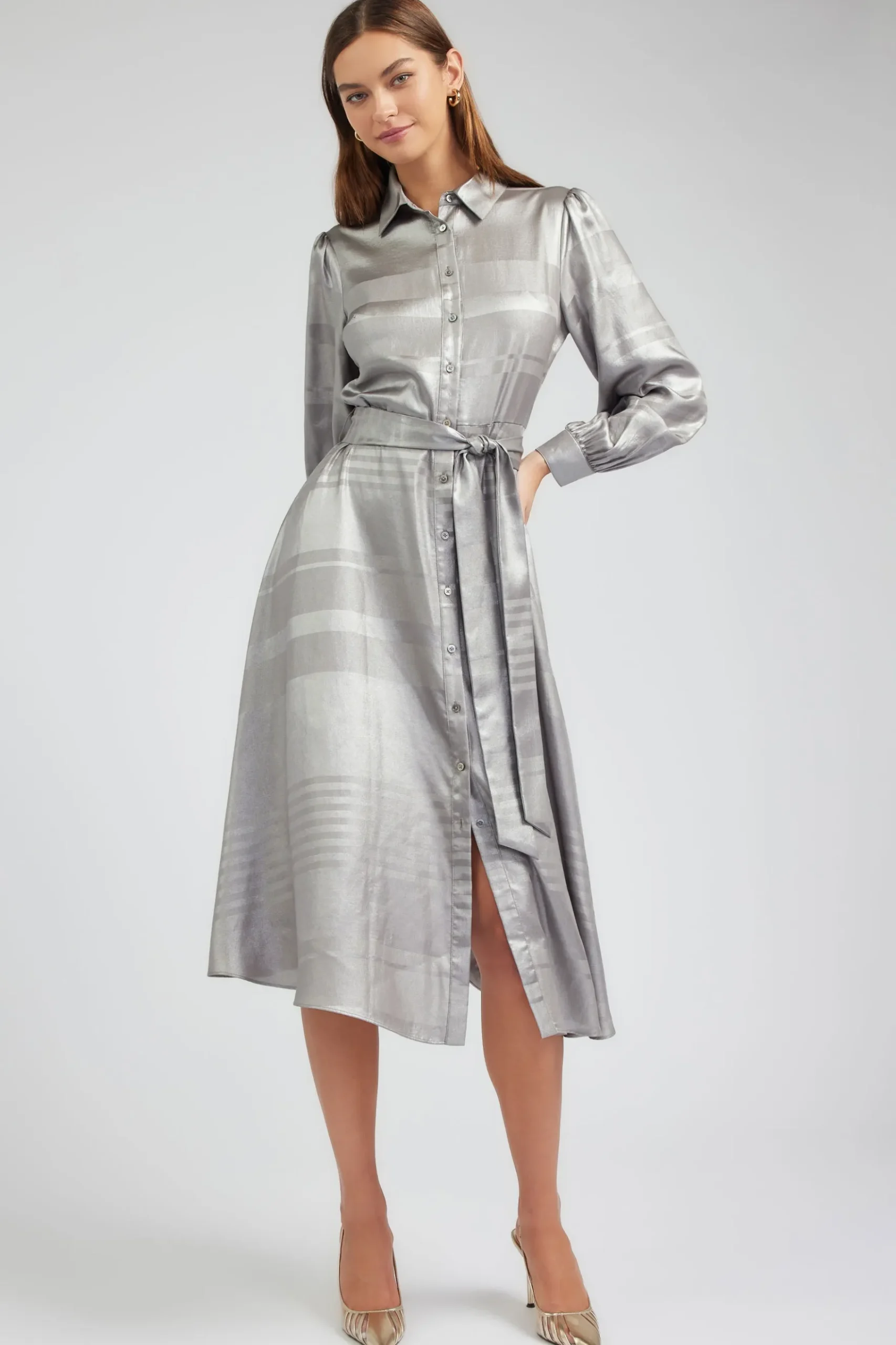 Current Air Metallic Buttondown Dress SILVER Hot
