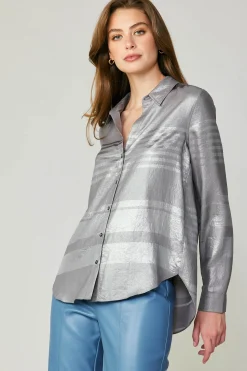 Current Air Metallic Buttonup Shirt SILVER New