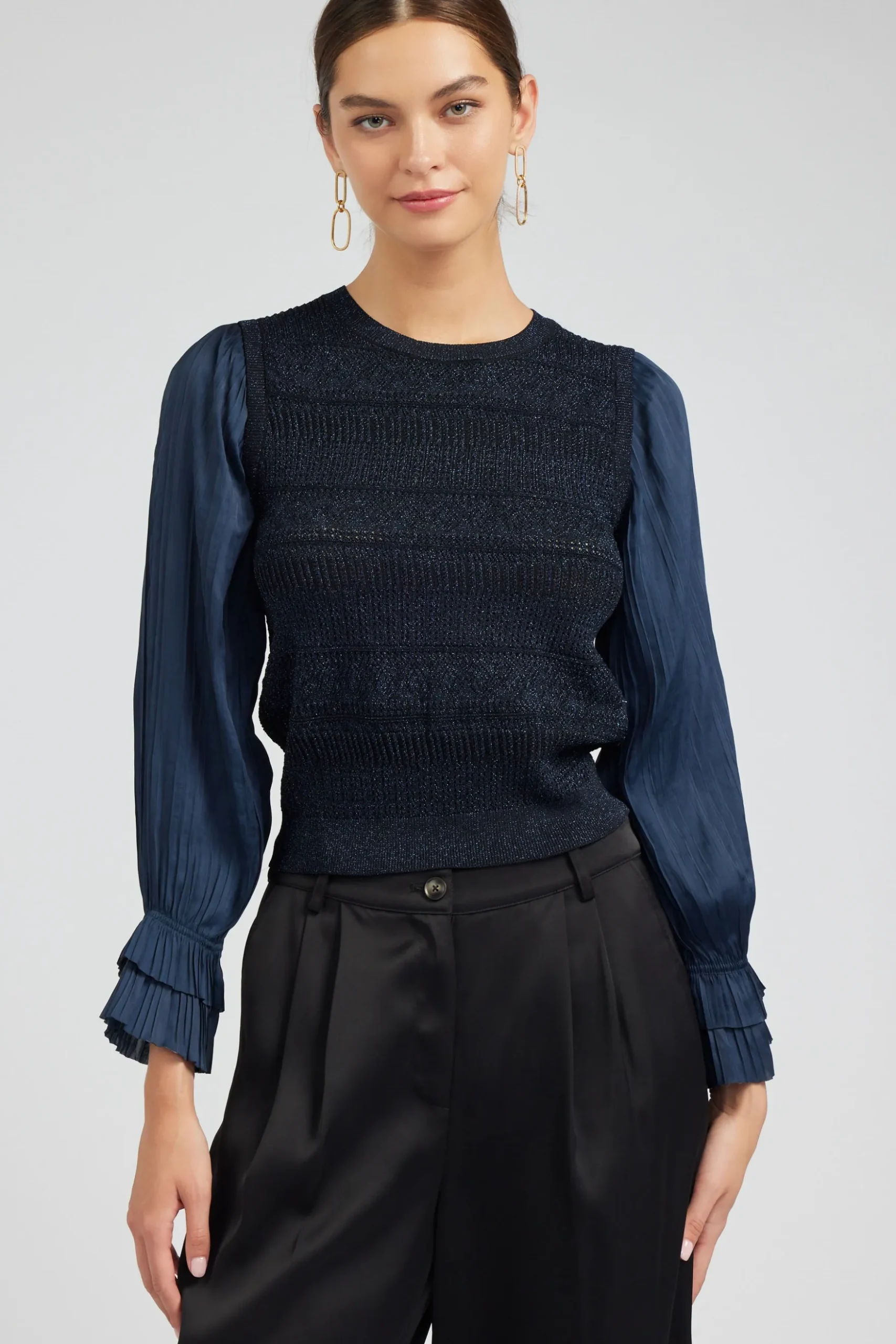 Current Air Metallic Contrast Sweater Top NAVY Clearance