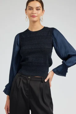 Current Air Metallic Contrast Sweater Top NAVY Clearance