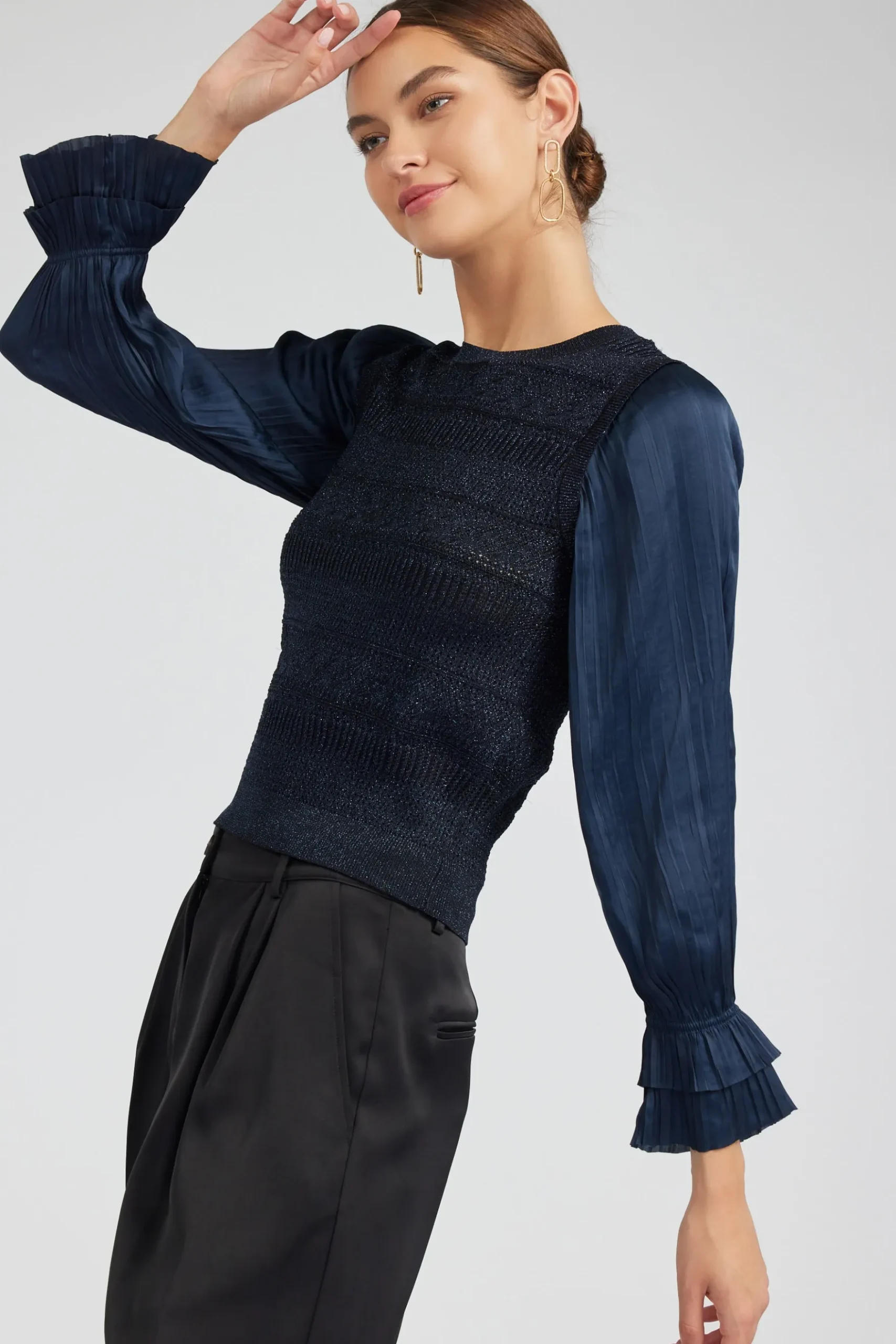 Current Air Metallic Contrast Sweater Top NAVY Clearance