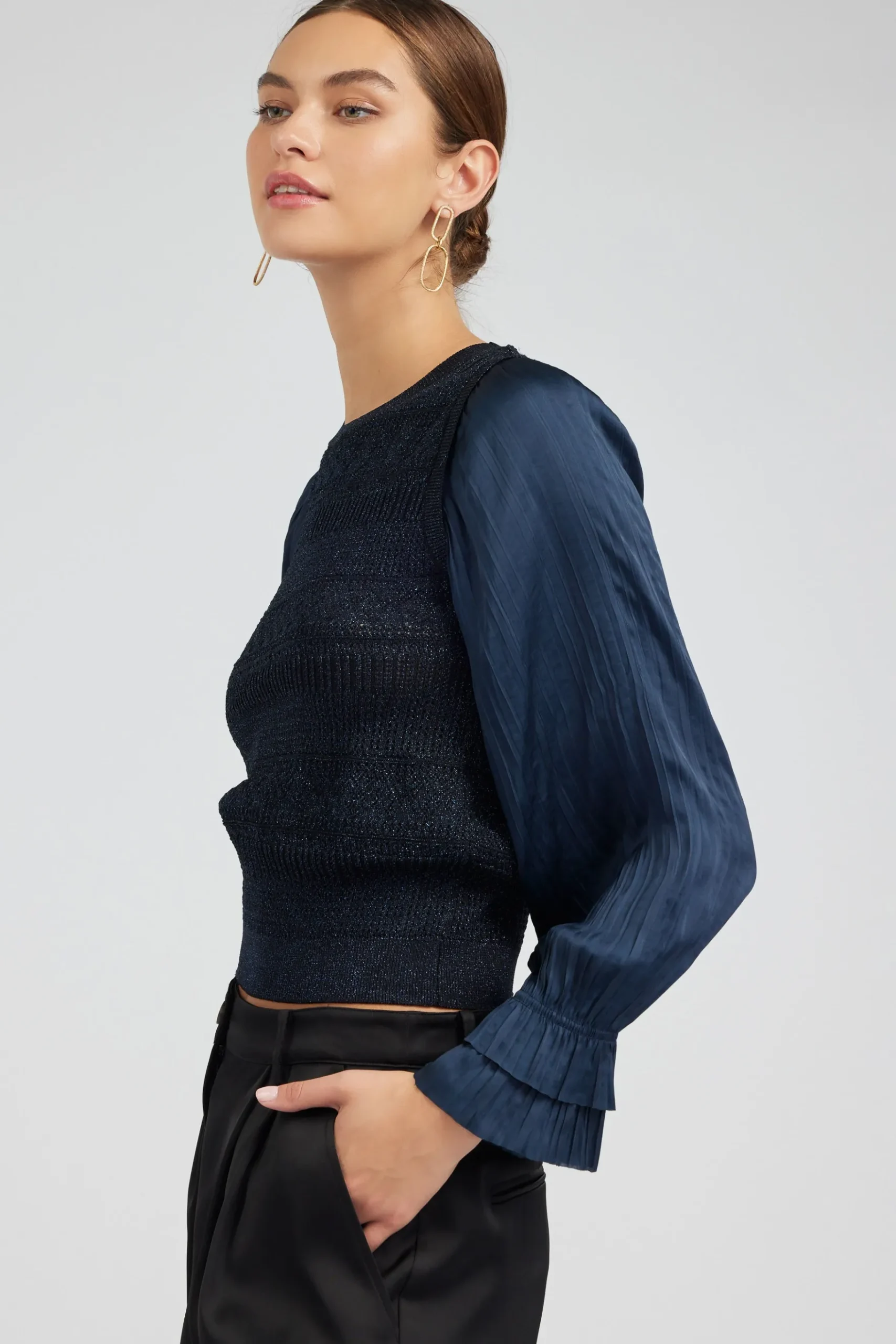 Current Air Metallic Contrast Sweater Top NAVY Clearance