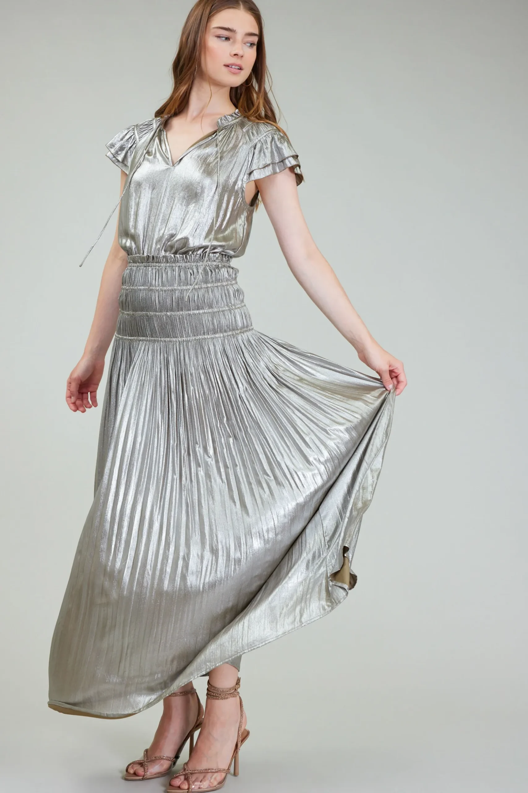 Current Air Metallic Maxi Dress OLIVESILVER New