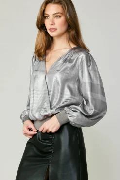 Current Air Metallic Surplice Blouse SILVER New