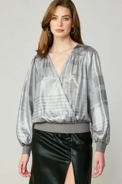 Current Air Metallic Surplice Blouse SILVER New