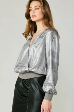 Current Air Metallic Surplice Blouse SILVER New