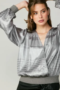 Current Air Metallic Surplice Blouse SILVER New