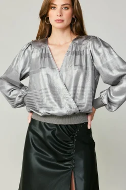 Current Air Metallic Surplice Blouse SILVER New