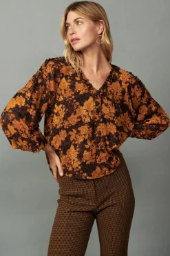 Current Air Orange Picot Stitch Blouse BROWNORANGEFLORAL Online