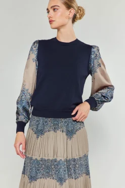 Current Air Ornate Motif Sweater Top TAUPEBLUEMLT Fashion