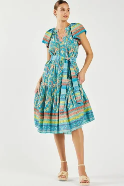 Current Air Paisley Border Print Midi Dress BLUEORANGE New
