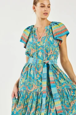 Current Air Paisley Border Print Midi Dress BLUEORANGE New