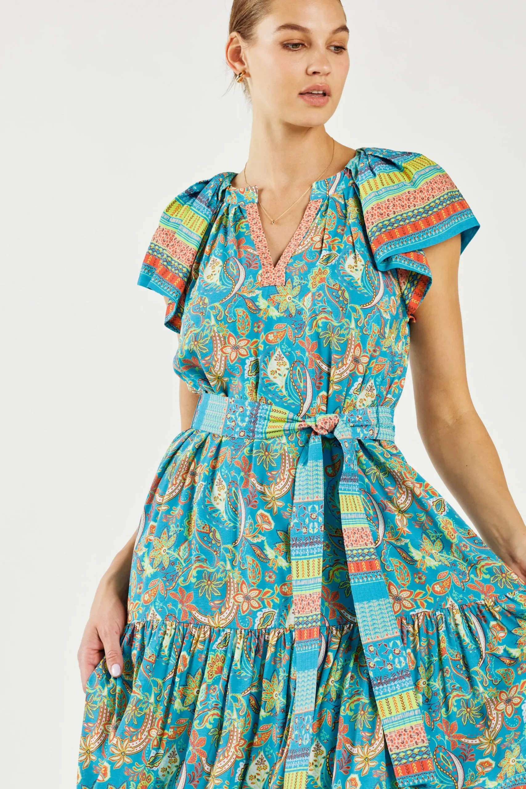 Current Air Paisley Border Print Midi Dress BLUEORANGE New