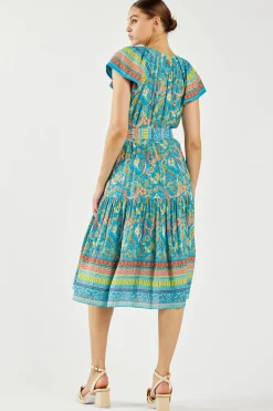 Current Air Paisley Border Print Midi Dress BLUEORANGE New