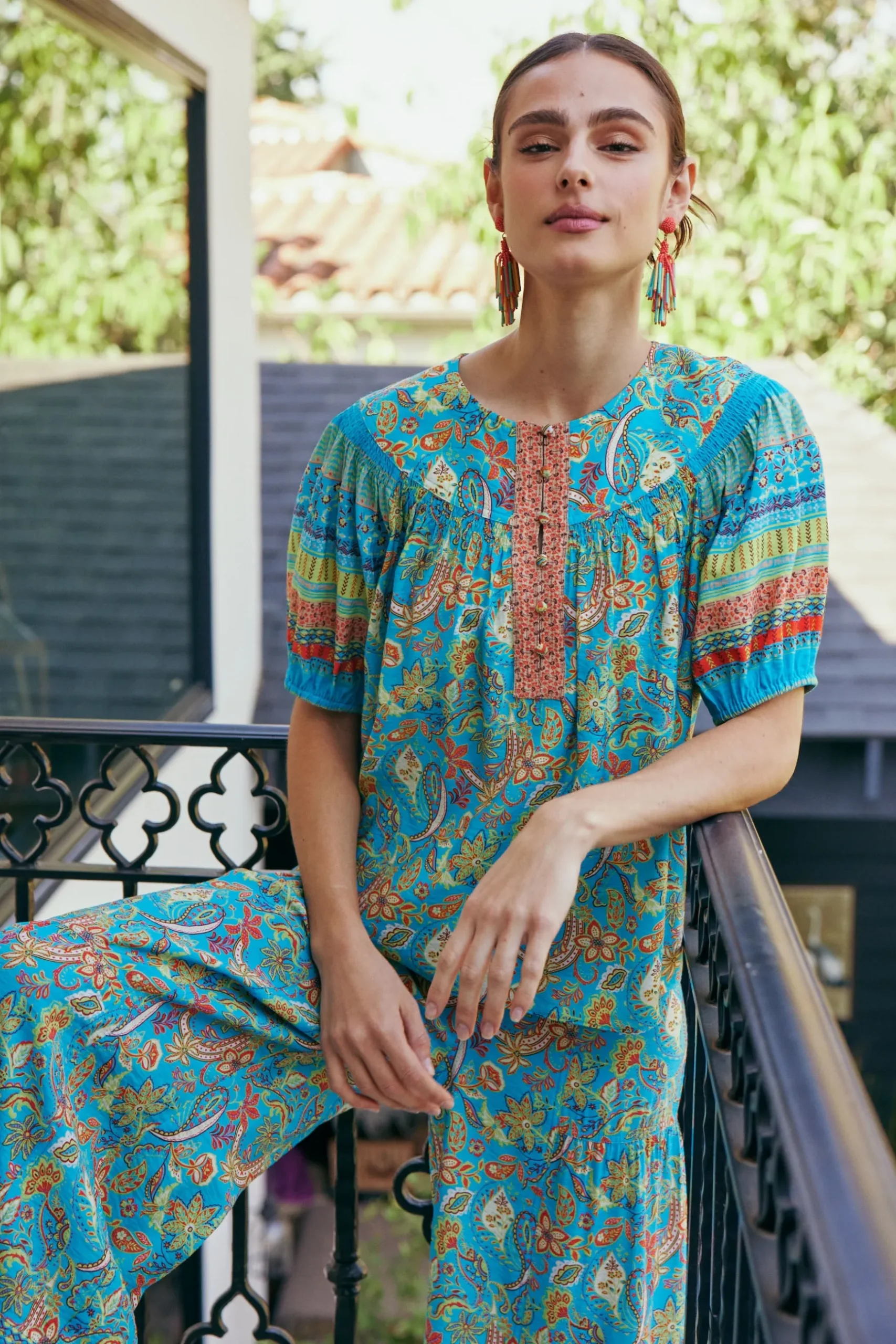 Current Air Paisley Border Print Top BLUEORANGE Clearance