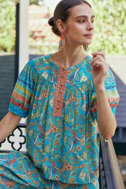 Current Air Paisley Border Print Top BLUEORANGE Clearance