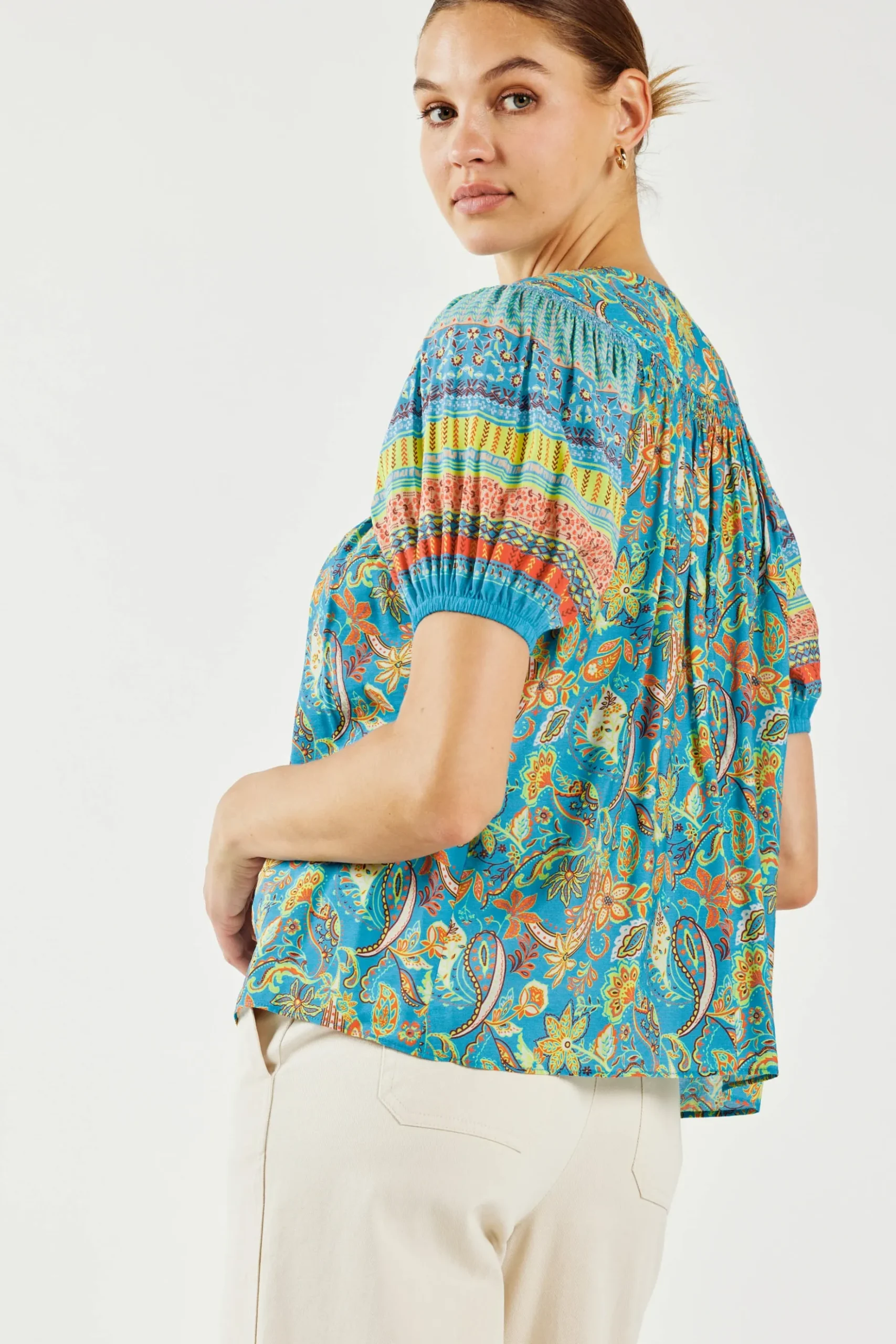 Current Air Paisley Border Print Top BLUEORANGE Clearance