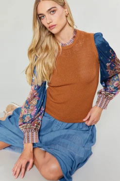 Current Air Paisley Contrast Sleeve Knit Top RUSTNAVY New
