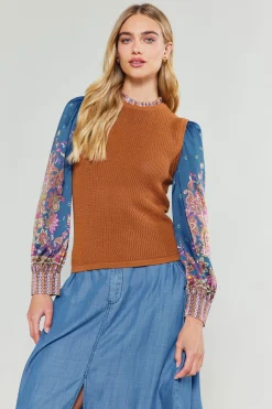 Current Air Paisley Contrast Sleeve Knit Top RUSTNAVY New