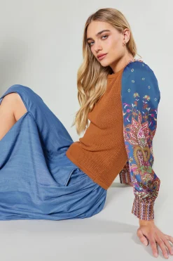 Current Air Paisley Contrast Sleeve Knit Top RUSTNAVY New