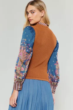 Current Air Paisley Contrast Sleeve Knit Top RUSTNAVY New