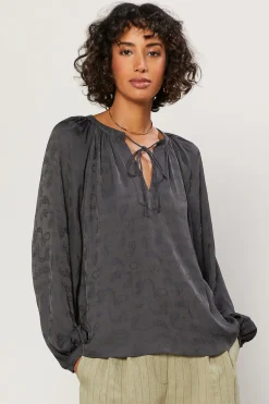Current Air Paisley Split Neck Top CHARCOAL Outlet