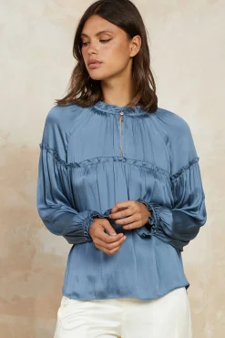 Current Air Picot Ruffled Blouse SLATEBLUE Hot