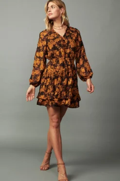 Current Air Picot Stitch Ruffled Mini Dress BROWNORANGEFLORAL Fashion