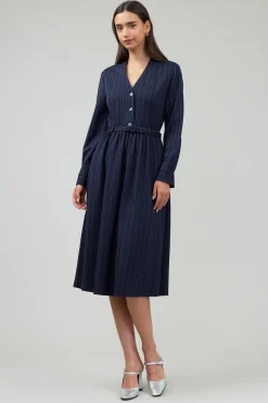 Current Air Pinstriped Buttondown Midi Dress NAVY Clearance