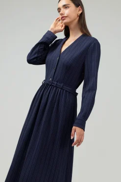 Current Air Pinstriped Buttondown Midi Dress NAVY Clearance