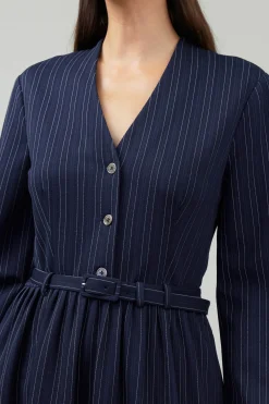 Current Air Pinstriped Buttondown Midi Dress NAVY Clearance