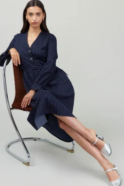 Current Air Pinstriped Buttondown Midi Dress NAVY Clearance