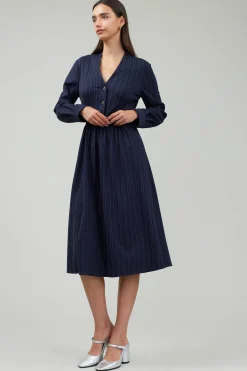 Current Air Pinstriped Buttondown Midi Dress NAVY Clearance