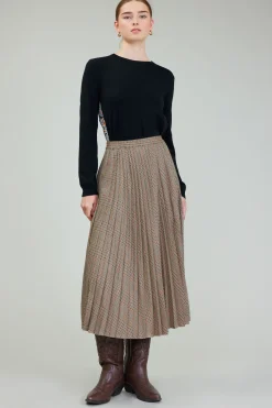 Current Air Plaid Pleated Midi Skirt CAMELMLT Hot