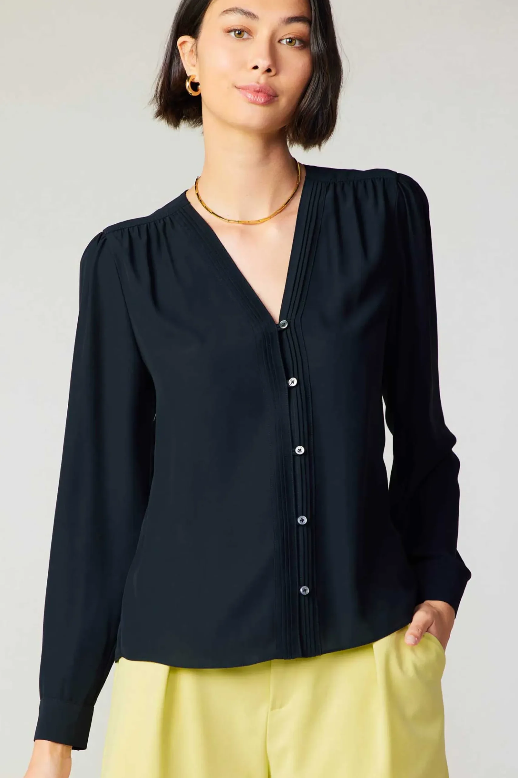 Current Air Pleat Detail Buttondown Shirt BLACK New