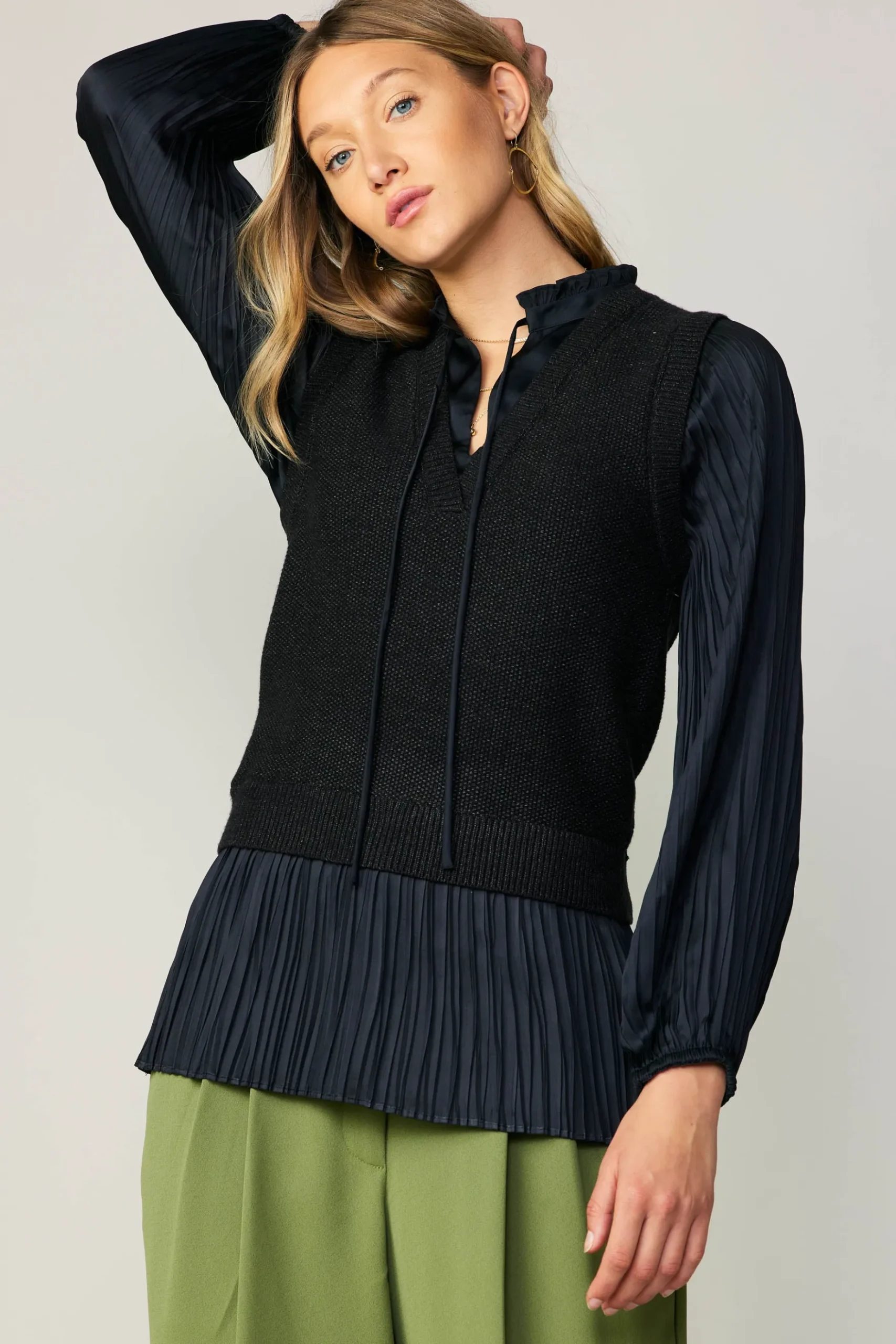 Current Air Pleated Blouse Sweater Vest BLACK Sale