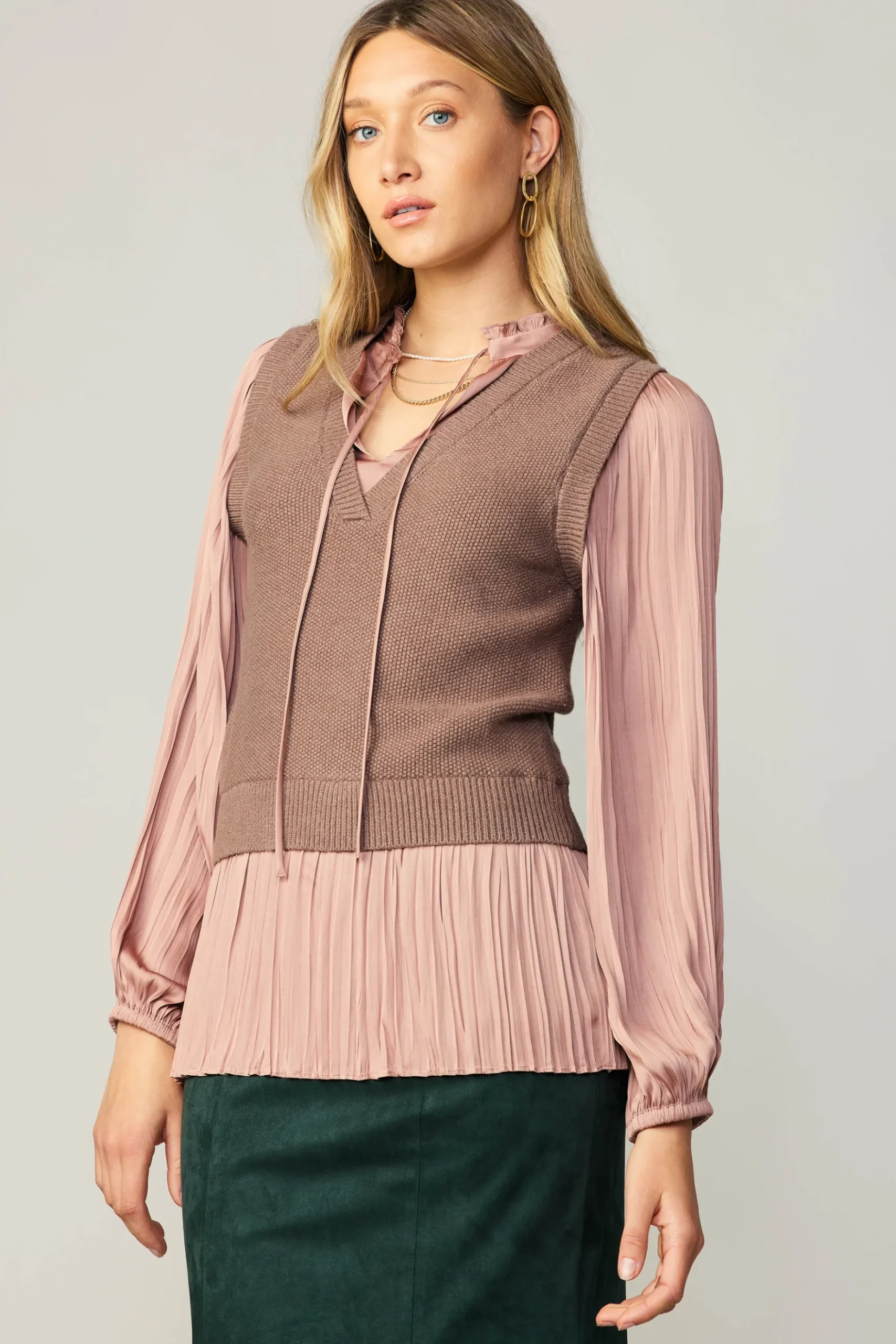 Current Air Pleated Blouse Sweater Vest DUSTYROSE Clearance